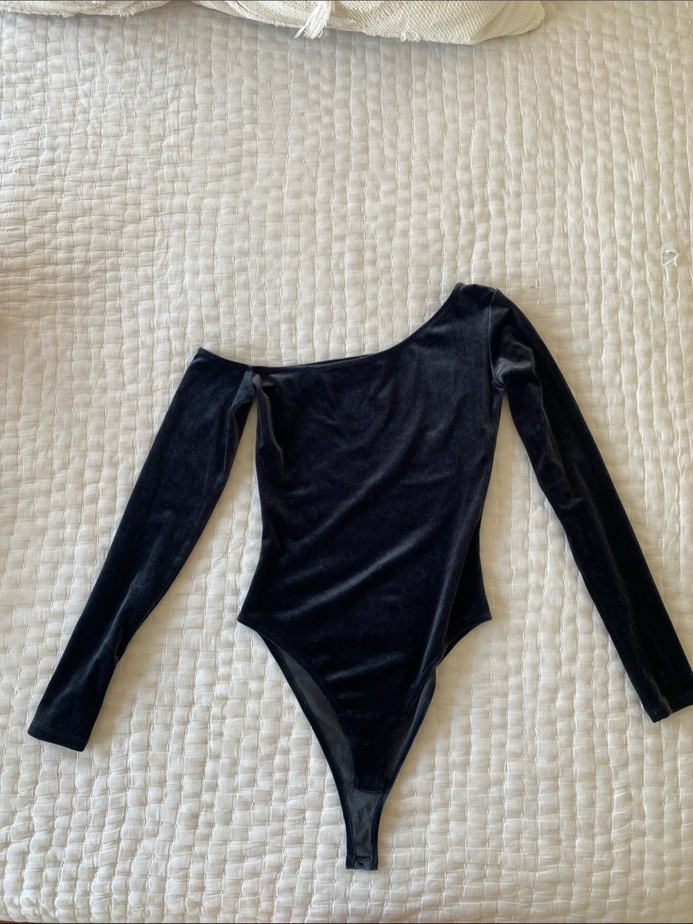 Fleur du Mal Deep Blue Velvet Long-Sleeve Asymmetrical One-Piece Bodysuit